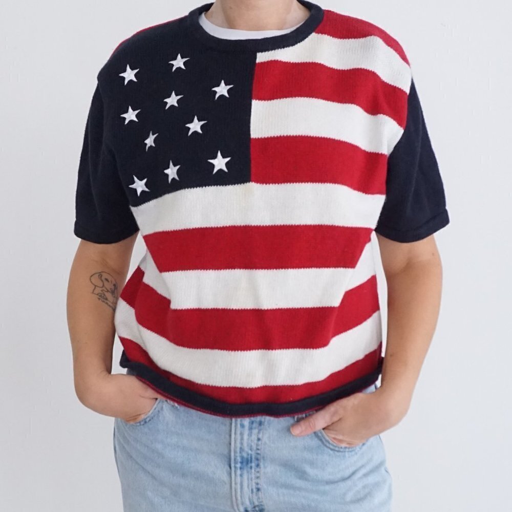 Vintage Christopher & Banks Navy Red Patriotic USA Flag Knit Crewneck Sweater XL